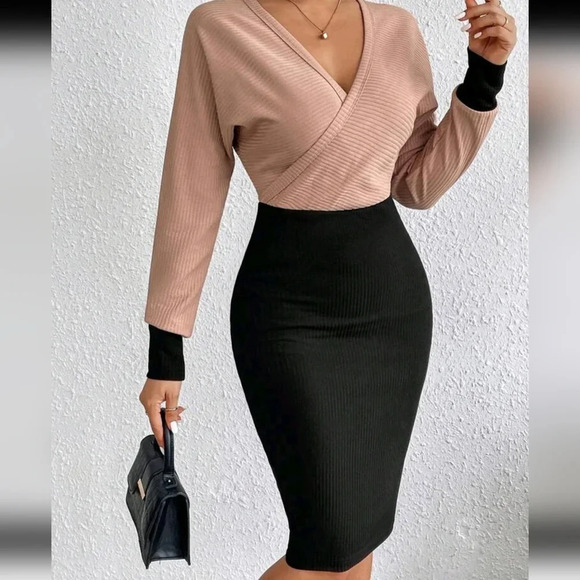 Two Tone Surplice Neck Bodycon Dress - Picture 3 of 3